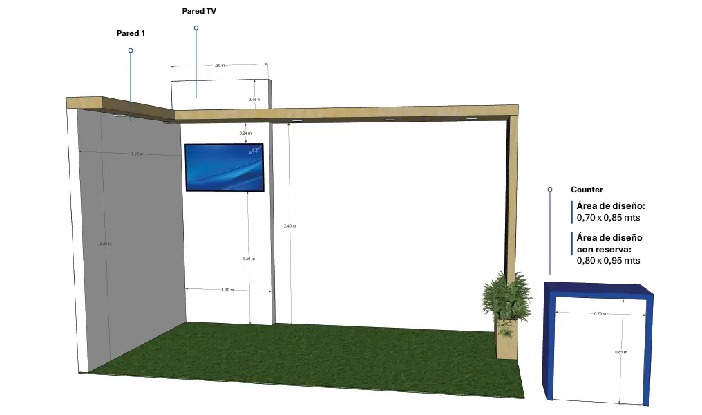 Render do stand comercial Patrocinador Coquetel, 4 × 2 metros, com cotas de medida