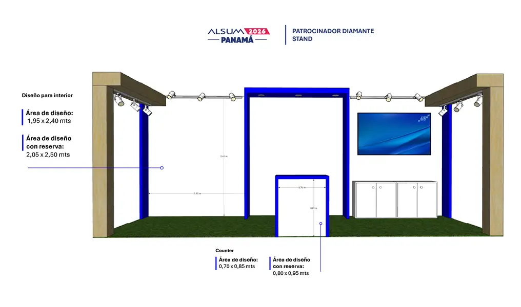 Render do stand comercial Patrocinador Diamante, 6 × 2 metros, com cotas de medida
