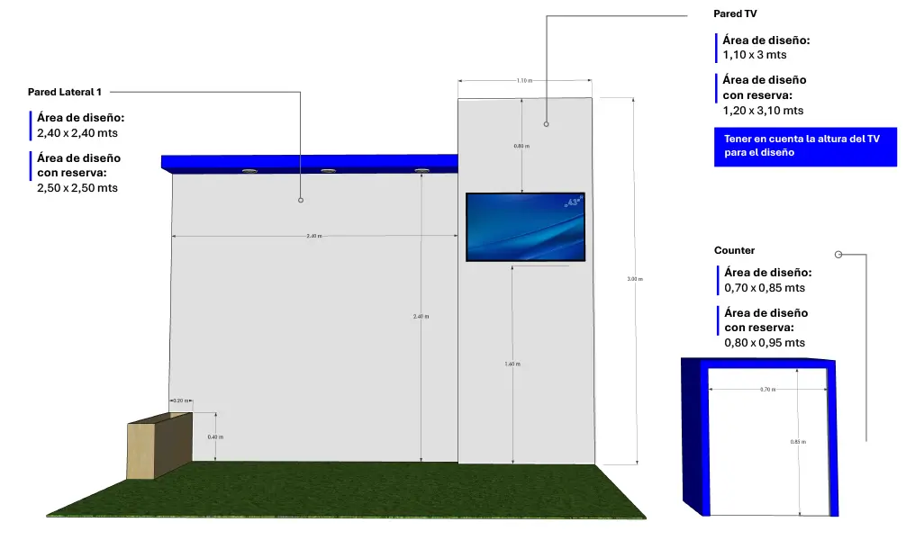 Render do stand comercial Patrocinador Ouro, 3 × 2 metros, com cotas de medida
